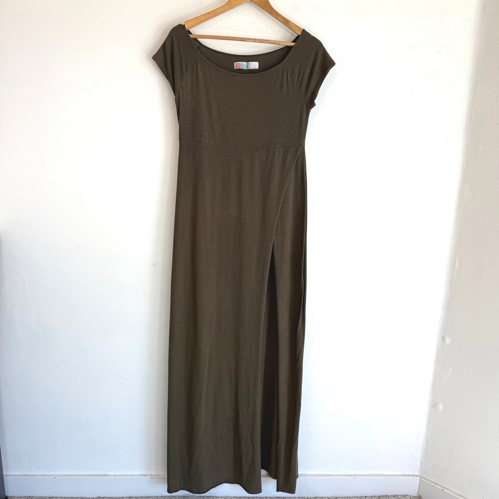 Free People FP Beach Maxi Dress Olive Green Slit Lagenlook Boho Minimalist M